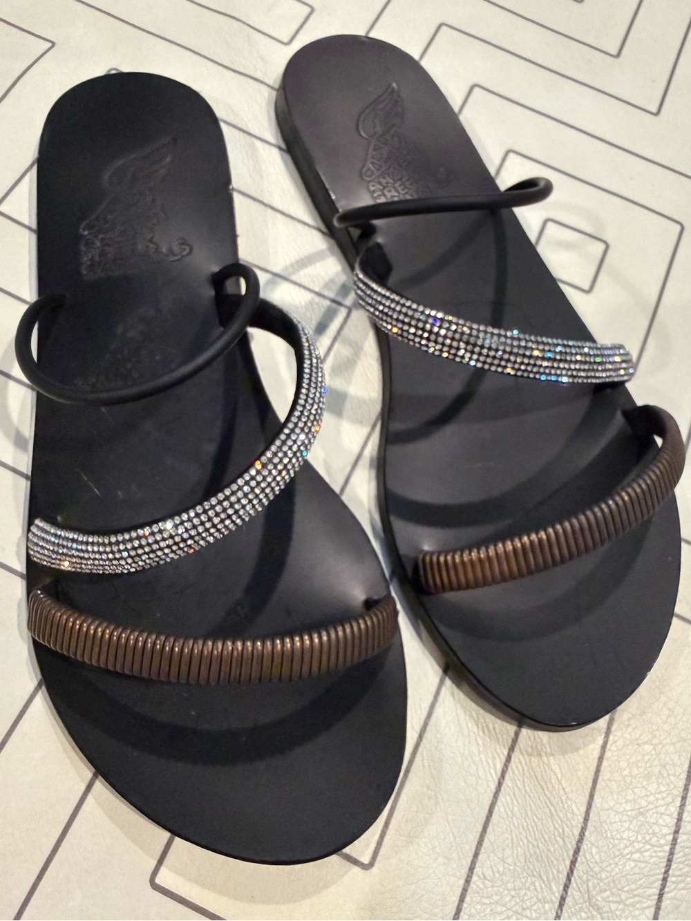 Ancient Greek Sandals Black with Detailed Triple Strap - Picture 3 of 11